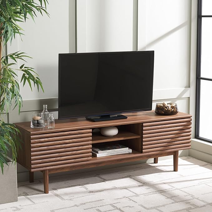SAFAVIEH Aricia TV Stand for up to 65" Flatscreen – Walnut, 2 Sliding Doors with Interior Storage, 1 Open Shelf, Entertainment Media Console (MED9633A)