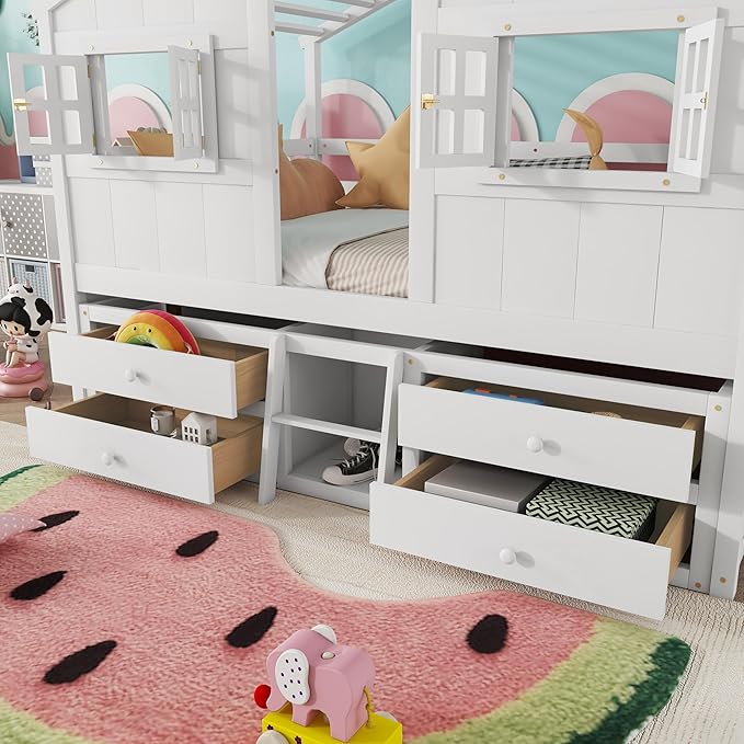 KEIKI Full Size Wooden House-Shaped Loft Bed with Roof, Windows, 4 Storage Drawers, Guardrail, Ladder, for Boys and Girls, Loft Bed with Slat, Easy Assembly, No Box Spring Required, for Bedroom, White