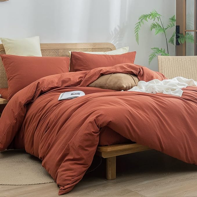BESTOUCH Duvet Cover Set 100% Washed Cotton Linen Feel Super Soft Comfortable Chic Lightweight 3 PCs Home Bedding Set Crimson Red Queen