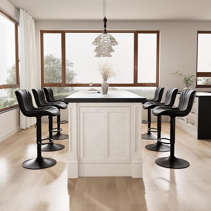YOUNIKE Black Bar Stools Set of 6 Modern Swivel Counter Height Bar Chair with Back Adjustable Kitchen Island Faux Leather Padded Barstools taburetes de bar Breakfast sillas para barra de cocina 6PCS
