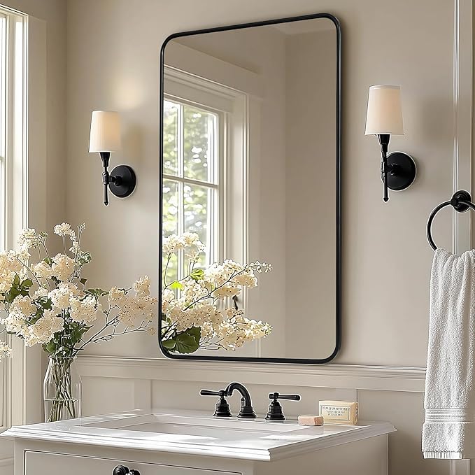 ANDY STAR Black Rectangle Mirror, 24x36 Inch Stainless Steel Metal Frame Bathroom Mirror for Over Sink, Modern Rounded Corner Black Vanity Wall Mirror, Hangs Horizontally or Vertically