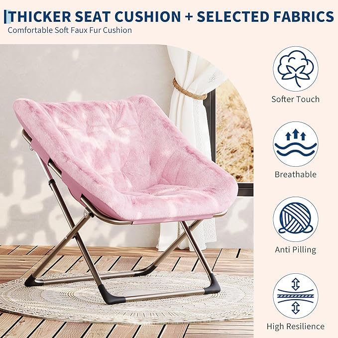 Comfy Chair for Adults, Foldable Living Room Chairs, Soft Faux Fur Folding Lounge for Bedroom Living Room Dorm Rooms, Flexible Reading Chair for Teens (1, Pink, Extra Large)