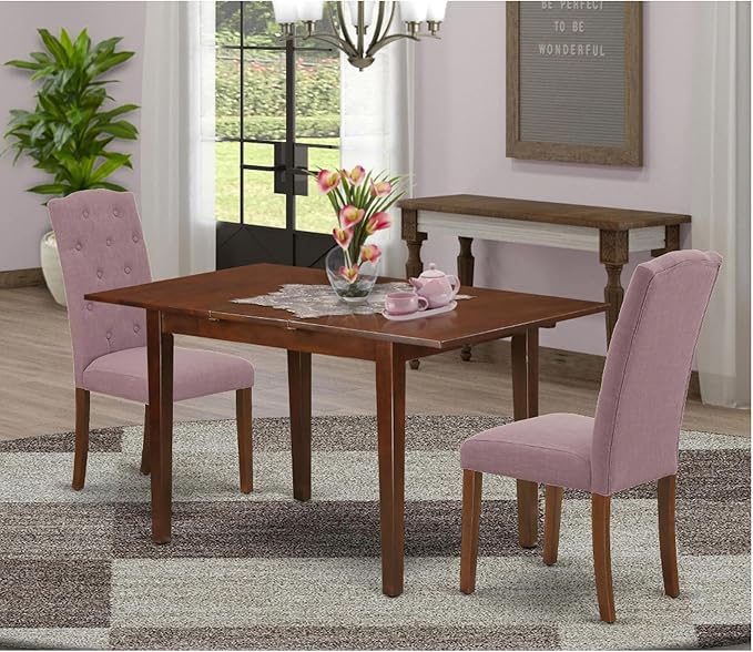 East West Furniture NOCE3-MAH-10 3 Piece Small Dinette Set Contains a Rectangle Butterfly Leaf Dining Table and 2 Dahlia Linen Fabric Upholstered Chairs, 32x54 Inch, Mahogany