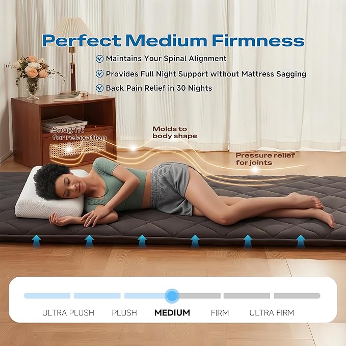 Japanese Floor Futon Mattress, Roll Up Tatami Mat, Sleeping Pad, Shikibuton, CertiPUR-US Certified Foam Floor Bed Mattress for Sleeping, Dormitory, Guest Bed, Designed in Japan(Grey, Full)