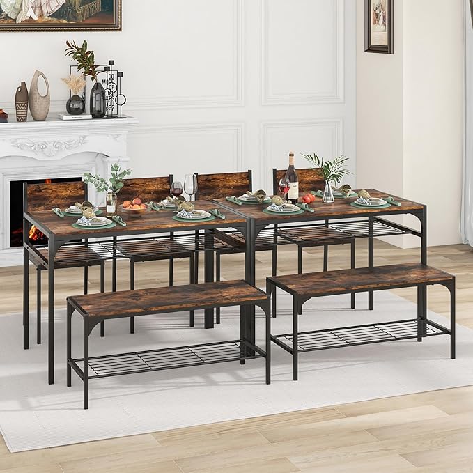 Giantex Dining Table Set for 4, Kitchen Table with Chairs & Bench, Storage Racks, Metal Frame, 4-Piece Space-Saving Dinette Set for Dining Room, Breakfast Nook, Small Space, Apartment,Rustic Brown