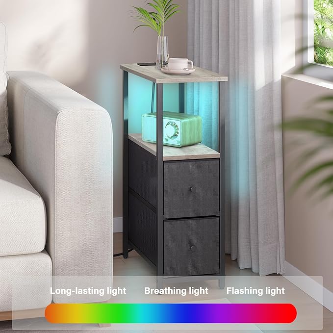 TUTOTAK Small Narrow LED End Table with Charging Station, Side Table Outlets, Nightstand with 2 Cloth Drawers, Set of 2, Couch Table, for Living Room, Bedroom, Bedside, Greige TB01BG056