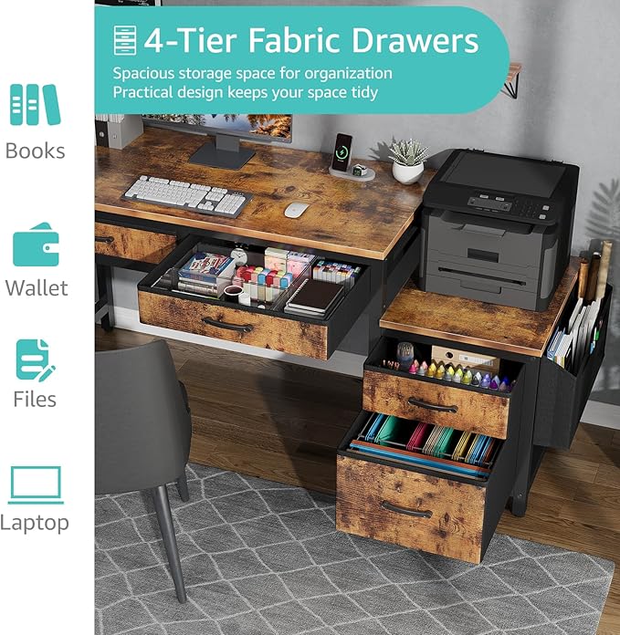Lufeiya Computer Desk with Fabric File Drawers Cabinet, 57 Inch Home Office Desks with Filing Cabinet Printer Stand for Small Space, Study Writing Table PC Desks for Bedroom, Brown