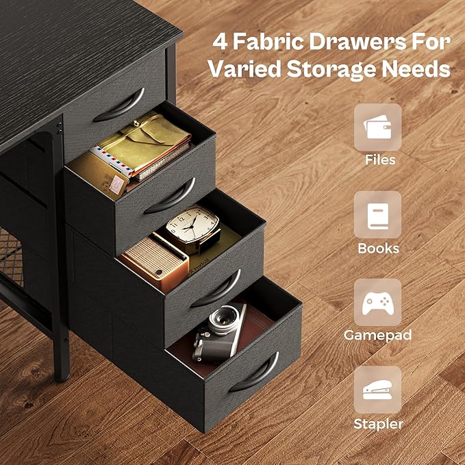 Huuger 47 Inch Computer Desk with 4 Drawers, Office Desk with Mesh Shelf, Gaming Desk, Large Storage, Writing Work Desk for Home Office, Study, Bedroom, Work from Home, Black