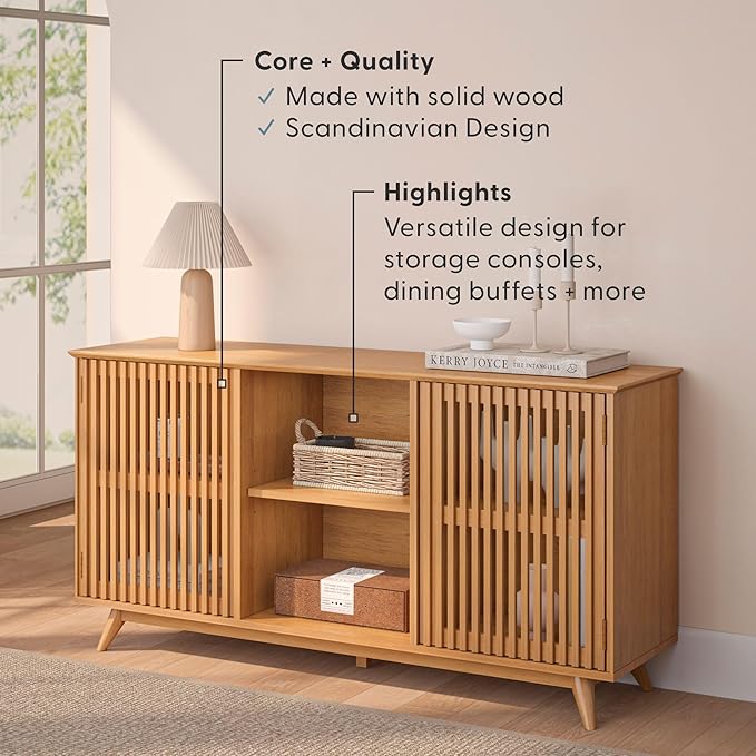 Plank+Beam Mid-Century Modern Wood TV Stand, Solid Wood Entertainment Console with Storage, 59" L x 16" W x 30" H, Pecan