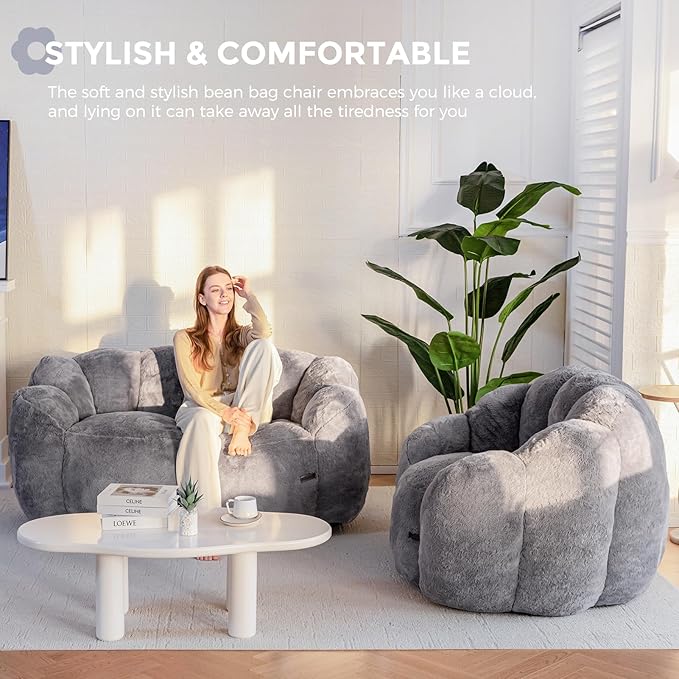 MAXYOYO Bean Bag Chair for Adults, Floral Shaped Bean Bag Sofa, Ultra Soft Faux Fur Floor Sofa, Large Reading Chair for Living Room Bedroom, Dark Grey, Single