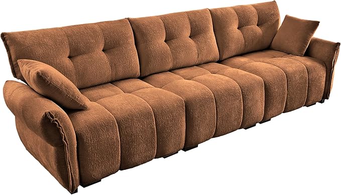 Modern Chenille Fabric 3-Seat Sofa w/ 2 Pillows, Premium Upholstery Living Room Couch with Tufted Backrest & Comfortable Armrests and High-Resilience Memory Foam Cushions,Orange