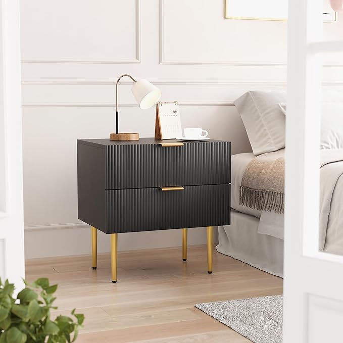 Set of 2 Nightstand, Black Mid Century Modern Night Stand with Fluted Panel, Bedside Table with 2 Drawer, Large NightStand with Gold Leg for Bedroom