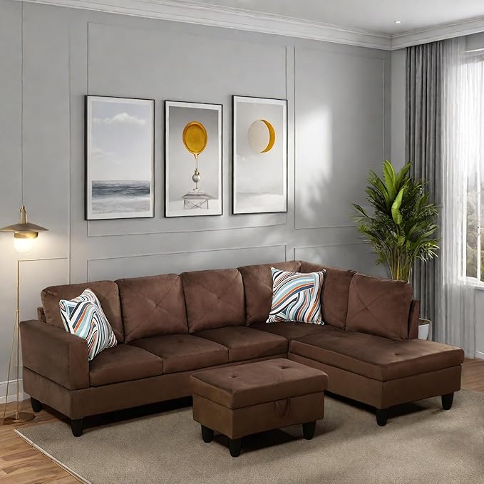 L Shaped Sectional Couches, Modern Modular Sectional Sofa Furniture for Living Room Bedroom, Comfy 4 Seat Couch with Ottoman Storage & Chaise, Brown