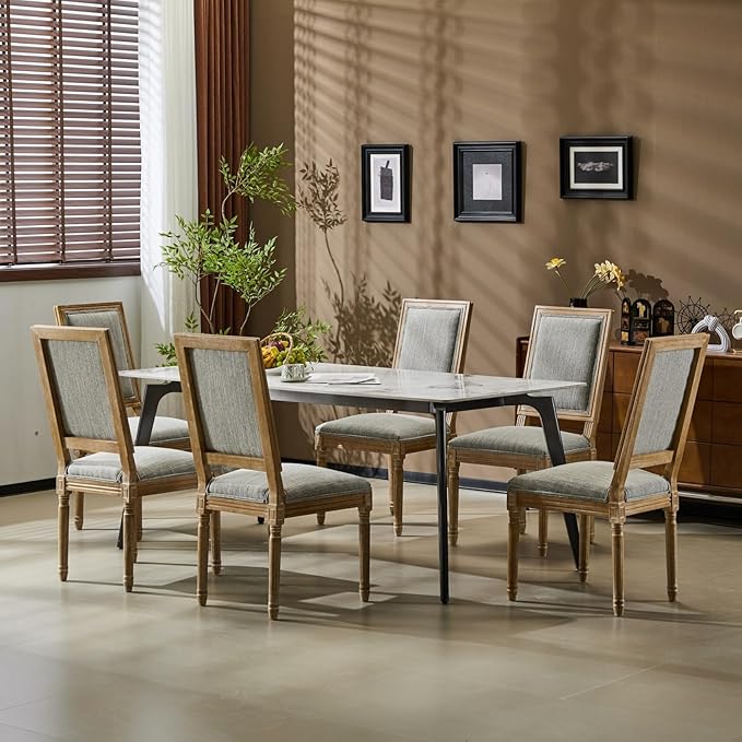 Merax Upholstered Solid Wood Dining Chairs Set of 6, French Country Style Accent Side Seating Furniture for Kitchen, Living Room, Cushioned Back, Grayish Green