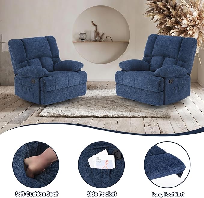 Oversized Rocker Recliner Chair, Wide Rocker Chair with Adjustable Backrest Footrest, Oversized Recliner for Adults, Reclining Sofa for Living Room, Blue
