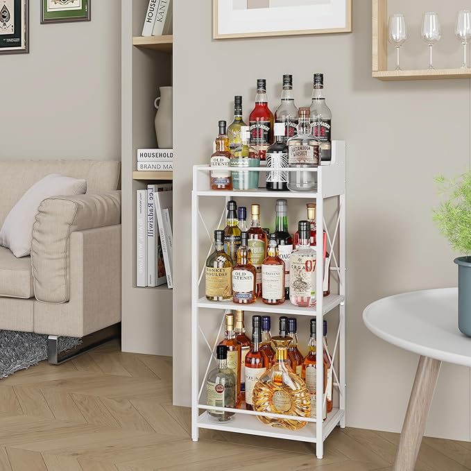 KLM Liquor Bottle Display Shelf, Liquor Cabinet bar for Home, 4 Step Liquor cabinetck, Mini bar,Liquor Cabinet, Home Retro Bar Shelf Stand for Liquor Whiskey, Spirits (White)