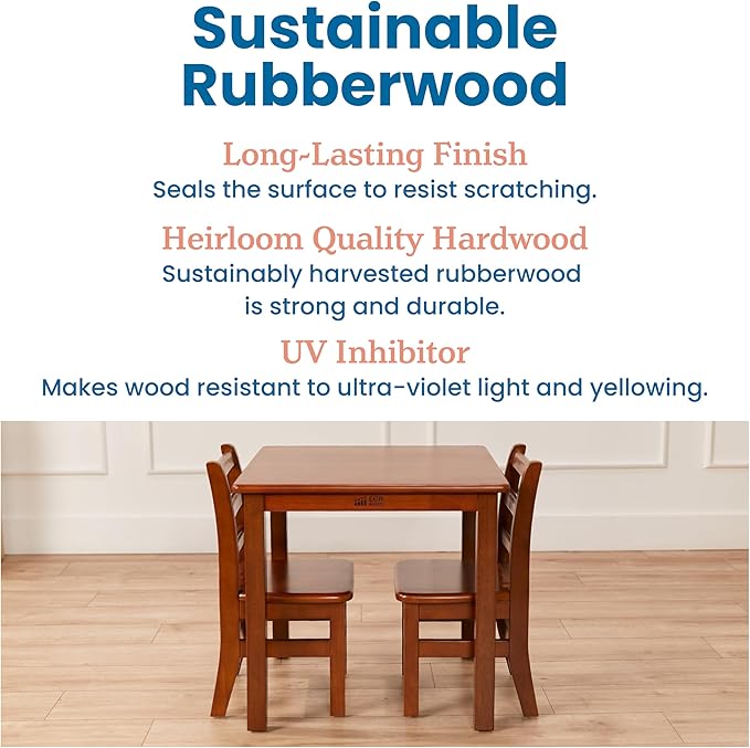 ECR4Kids 24in x 24in Hardwood Table and Chair Set, 12in Seat Height, Kids Furniture, Dark Walnut