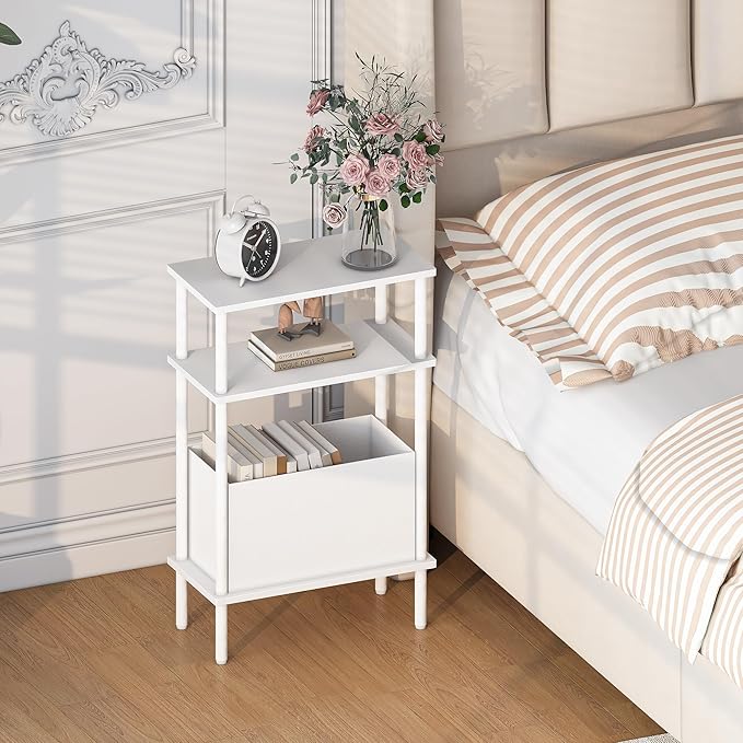 Narrow Side Table with Fabric Basket, End Table for Small Spaces, Slim Nightstand with 3-Tier Storage Shelf, Sofa Beside Table, for Living Room, Bed Room, Natrual White
