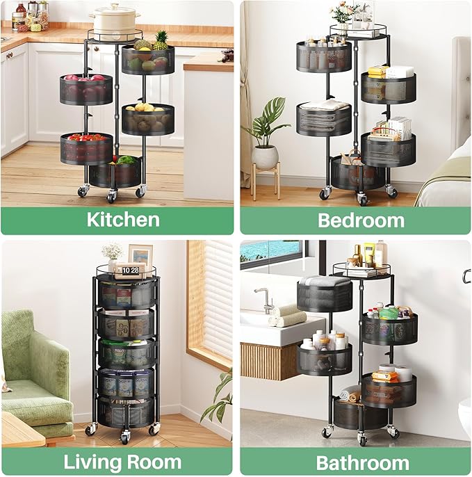 SAYZH Fruit Vegetable Basket for Kitchen, Rotating Storage Rack, 5 Tier Rolling Cart with top lid, Large Metal Wire Wheels, Black