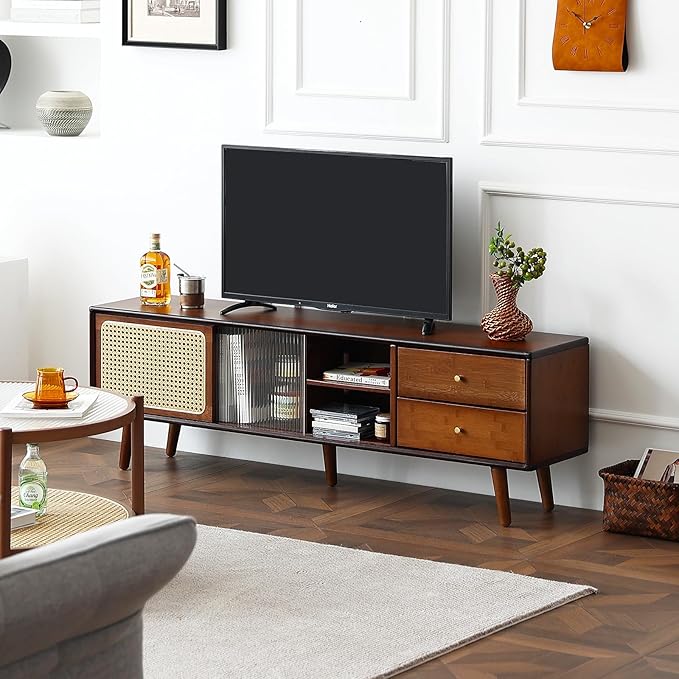 Tiita TV Stand with Storage for TVs up to 65'', Bamboo Rattan TV Console Entertainment Center with 2 Open Shelf, Mid Century Modern Media Console for Living Room, Bedroom, Walnut