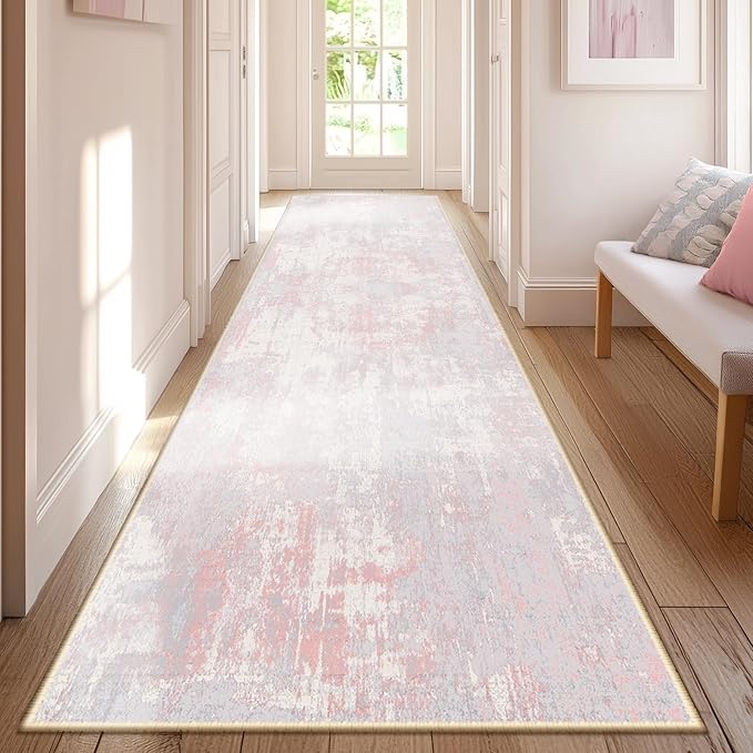 Washable Area Rugs 2'x6' Non-Slip Modern Abstract Soft for Living Room Entryway Bedroom Nursery, Print Pattern, Grey Pink
