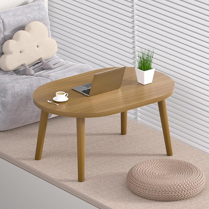 Small Coffee Table for Small Space, Low Table, Floor Table Desk for Sitting on The Floor, Japanese Coffee Table for Living Room, Tatami Tea Tables with Solid Wood Legs, Oval Coffee Tables, Brown