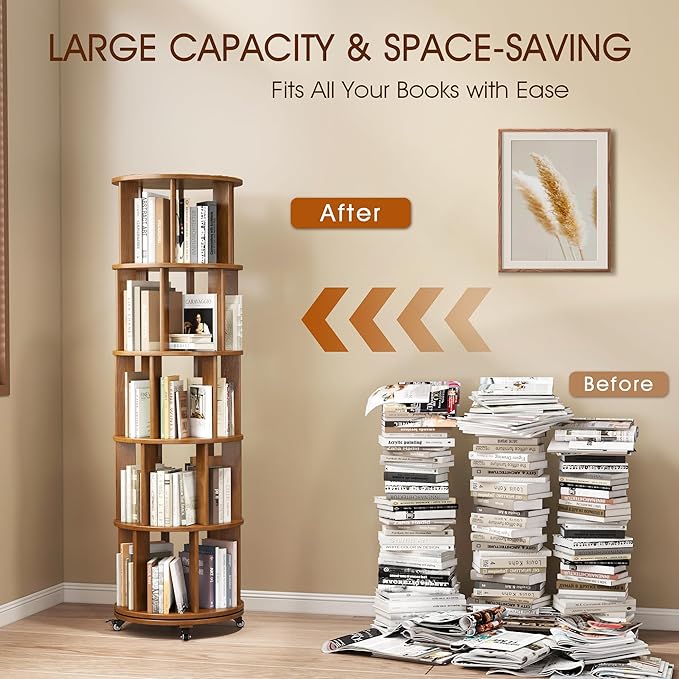 5 Tier Rotating Bookshelf Tower Spinning Bookshelf with Swivel Wheels Book Shelf Rotating Storage Tower for Kids Adult Narrow Walnut Solid Wood Revolving Bookcase Organizer for Bedroom Living Room