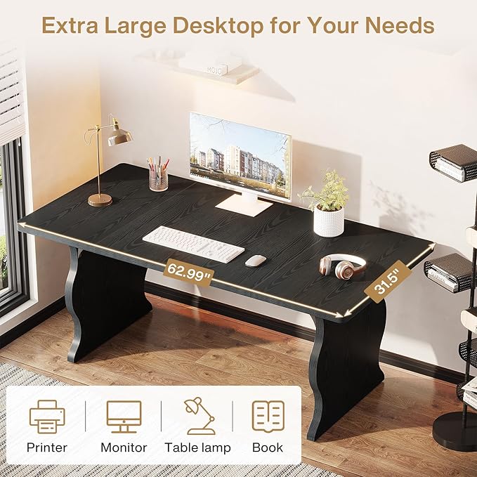 Tribesigns 63" Large Executive Desk for Home Office, Spacious Computer Desk with Ample Leg Room, Double PC Gaming Writing Table Study Desk with Sturdy Legs, Black