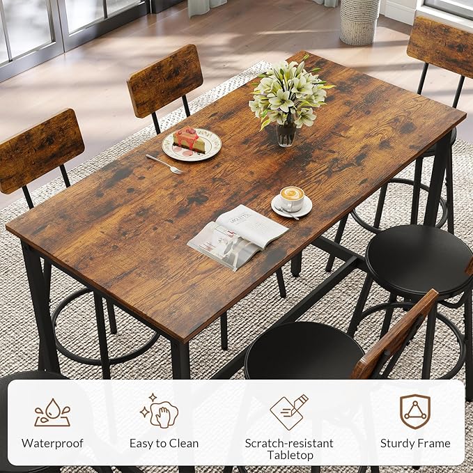 Rovibek Dining Table Set for 6, Bar Table and Chairs Set, Modern 6 Piece High Top Table and Chairs, Industrial Bar Height Pub Tables for Kitchen, Dining Room, Brown