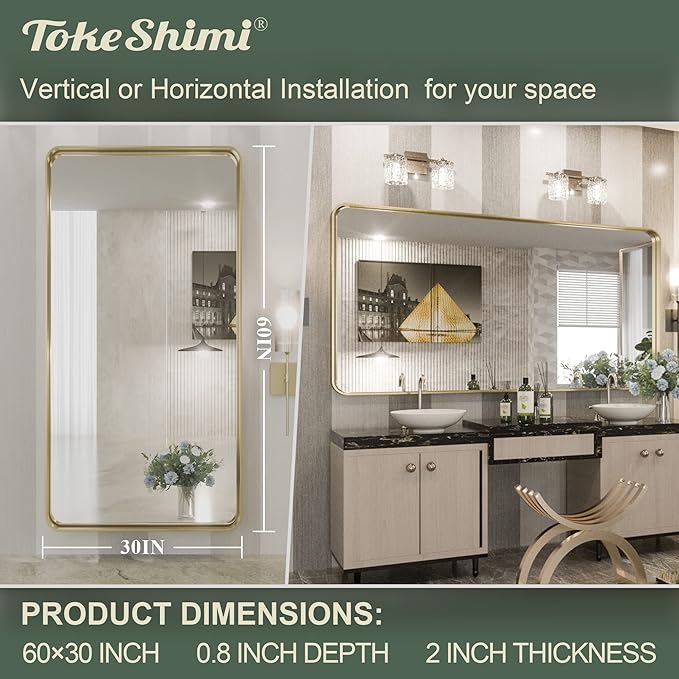 TokeShimi 60 x 30 Inch Brushed Gold Bathroom Vanity Mirror for Wall with Non-Rusting Aluminum Alloy Matte Metal Frame for Modern Farmhouse Home Decor (Horizontal/Vertical)