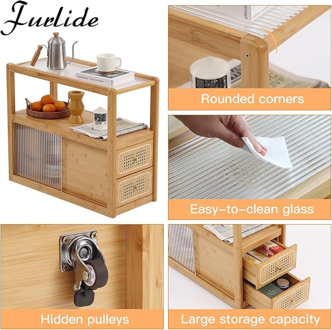 Rattan Nightstand Side Table with Storage, Bamboo Nightstand Bedside Table, Glass Mid Century Modern End Tables for Small Spaces, Living Room, Bedroom，Wood
