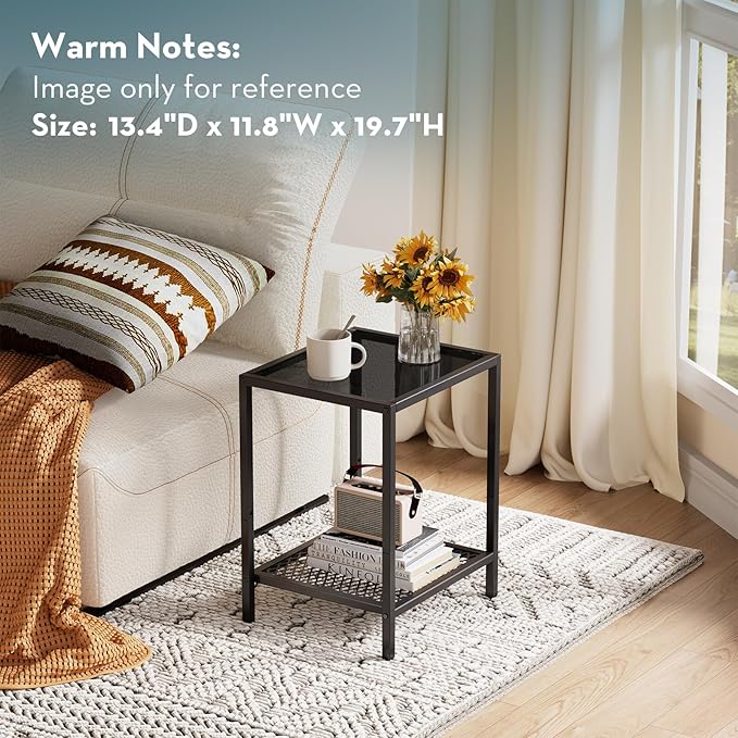 SAYGOER Black Side Table Small Glass End Table 2-Tier Narrow Square Bed Side Tables, 13.4"x11.8"x19.7", Sofa Small Leisure Table with Black Metal Frame for Modern Living Room Bedroom, BK Glass