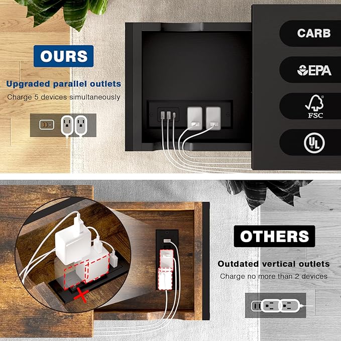 SAUCE ZHAN Sofa Side Table with 20W USB C Fast Charging Ports and Outlets, Bedside Nightstand with Charging Station, Narrow End Table with Storage Shelf for Small Spaces, Living Room, Bedroom Black