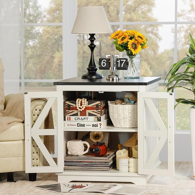 Farmhouse End Table, 24" Large End Tables with Storage, Rustic Square Sofa Beside Table with Glass Barn Door, Wood Side Table Square Nightstand for Living Room, Bedroom, Office (White)