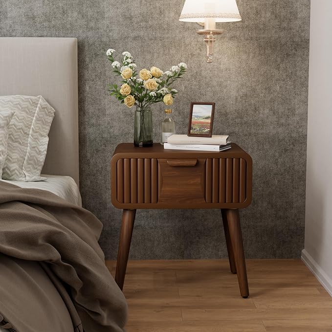 COSIEST Mid Century Modern Nightstands Set of 2, MCM Vintage Bedside Tables with Storage Drawers, Wood End Tables for Bedroom, Living Room (Brown, Striped Pattern)