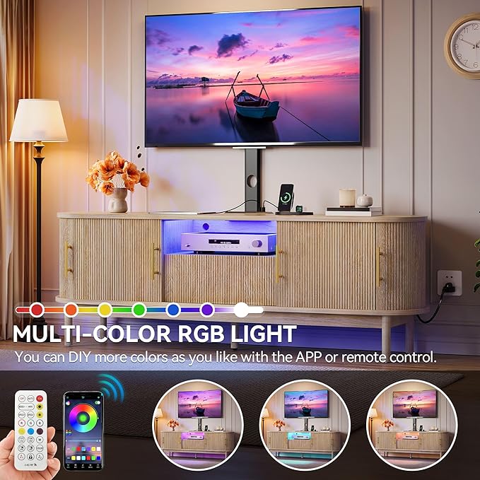 YITAHOME Fluted TV Stands for Living Room with Mount, Modern LED Entertainment Center for 75 Inch TVs, Curved TV Stand with Power Outlets & LED Light, Curved Profile Design, Natural Oak