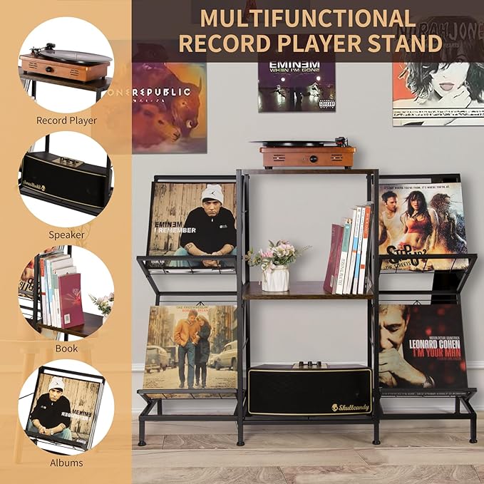 Record Player Stand with Vinyl Record Storage, Turntable Stand with 4-Tier Vinyl Display Shelf & Metal Frame, Record Holder for Living Room, Rustic Brown