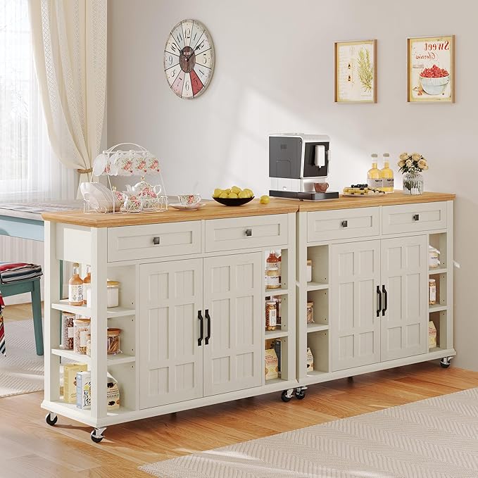 DWVO Kitchen Island with Storage Cabinet, Farmhouse Rolling Island Table on Wheels, Americana Mobile Storage Islands with Open Shelves, Drawers for Living Room, Dining Room, Off White