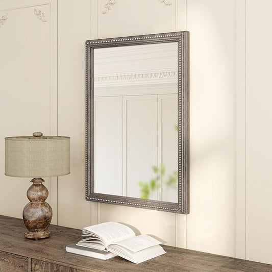 Axeman 22x30 Wood Wall Mirror, Rustic Bathroom Mirror, Vintage Wall Mounted Mirror Tempered Glass with Beaded Wooden Frame for Farmhouse Living Room Vanity Bedroom Entryway, Grey