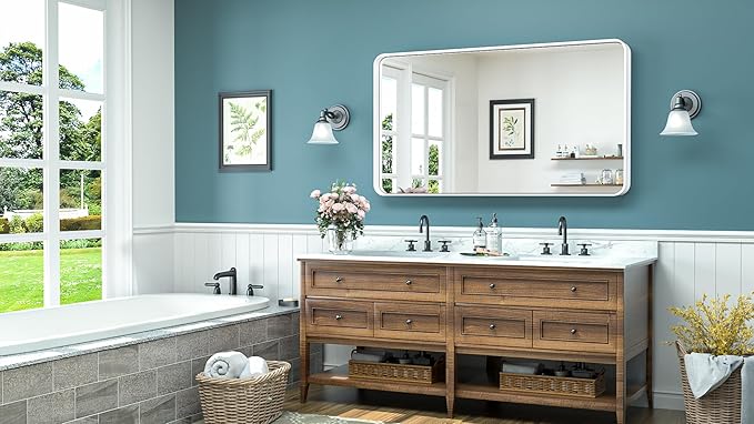 TokeShimi 48 x 24 Inch Bathroom Mirror White Vanity Wall Mirror with Metal Frame Aluminum Alloy Rounded Corner for Modern Farmhouse Wall Decor 1”Deep Set Design (Horizontal/Vertical)