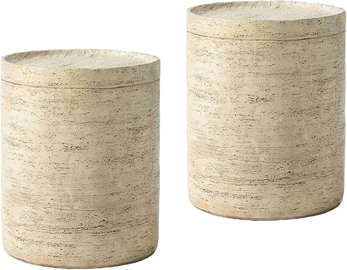 COSIEST 2 Pieces Outdoor Side Table, Set of 2 Cylinder Shaped MgO Patio End Table, Lightweight Accent Table with Tray Top, Round Plant Stand for Garden and Deck, Beige