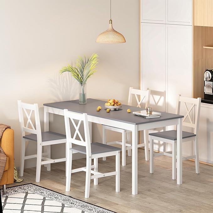 soges 5 Pieces Dining Table Set, Pine Wood Kitchen Table with 4 Chairs, 47.2 inch Table Set for 4, Rectangular Dining Table Furniture Set for Kitchen, Dining Room, Dinette, White Grey