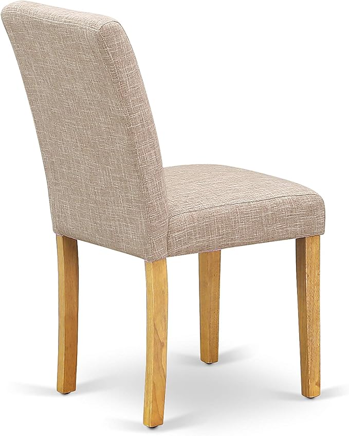 East West Furniture AMAB3-OAK-04 3 Piece Dining Set Contains a Round Kitchen Table with Pedestal and 2 Light Tan Linen Fabric Parson Dining Room Chairs, 36x36 Inch, Oak