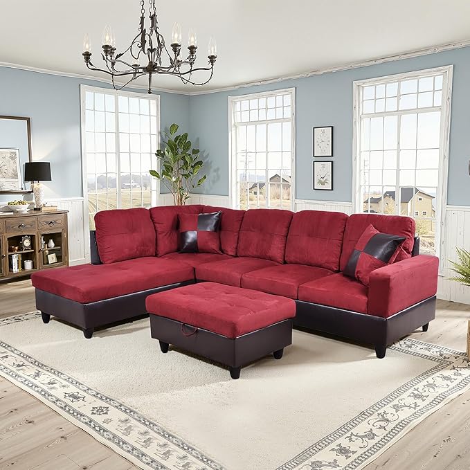 NicBex Sectional Couch 3 Pieces Sofa Set with Right Chaise Flannel PVC L Shaped Cloud Couch for Living Room Furniture Sets with Storage Ottoman, Modular Sofa for Living Room & Apartment, Red+Black
