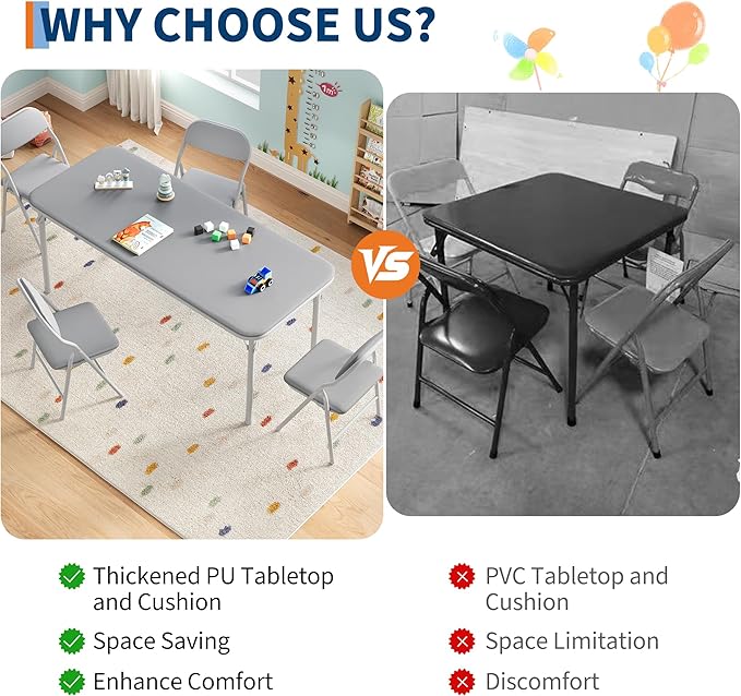 GarveeHome 5-Piece Kids Folding Table and Chairs Set, Toddlers Children's Activity Table and Chairs Set for Dining Room,Daycare,Classrooms