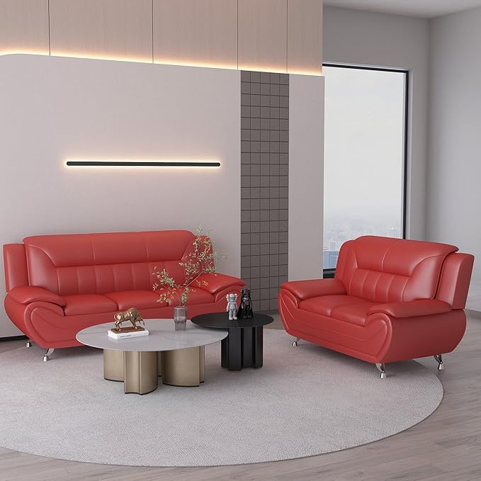 Container Furniture Direct Michael Modern Faux Leather Upholstered Stainless Steel Legs Living Room Sofa, Red
