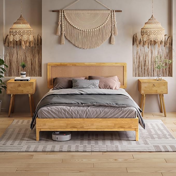 Nipe Platform Bed Frame with Headboard Size Queen - Light Natural - Solid Rubber