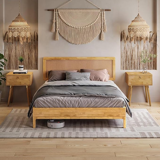 Nipe Platform Bed Frame with Headboard Size Queen - Light Natural - Solid Rubber