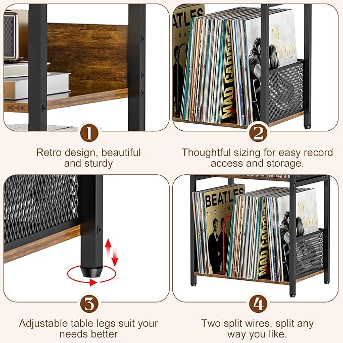 Record Player Stand with Storage Up to 100 Albums and 40 CDs, 4 Tier Vinyl Record Storage for Living Room, Turntable Stand with Record Holder & Display Shelf