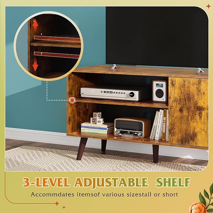 WLIVE TV Stand for 43 Inch TV, Small Entertainment Center with Storage Cabinet & Adjustable Shelves, Mid-Century Modern TV Stands for Living Room and Bedroom, 32" TV Console, Brown